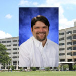 A head-and-shoulders professional photo of Jeffrey Yanosky is superimposed on a photo of Penn State College of Medicine's Crescent building in Hershey, Pa.