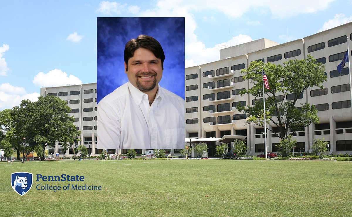 A head-and-shoulders professional photo of Jeffrey Yanosky is superimposed on a photo of Penn State College of Medicine's Crescent building in Hershey, Pa.