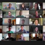There are 25 rectangles that show people who are participating in a virtual meeting. Each rectangle shows a participant's face on webcam.