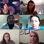 Nine people participate in a virtual meeting where information on preventing COVID-19 outbreaks in large skilled nursing facilities is discussed.