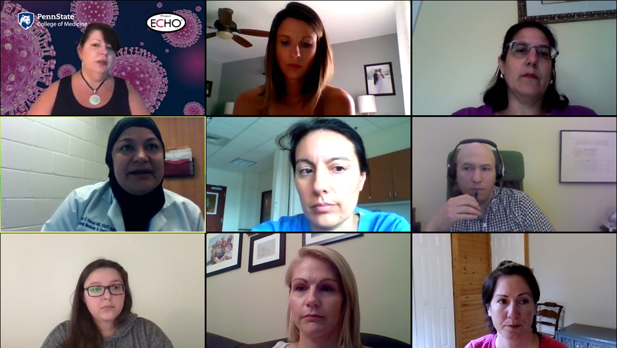 Nine people participate in a virtual meeting where information on preventing COVID-19 outbreaks in large skilled nursing facilities is discussed.