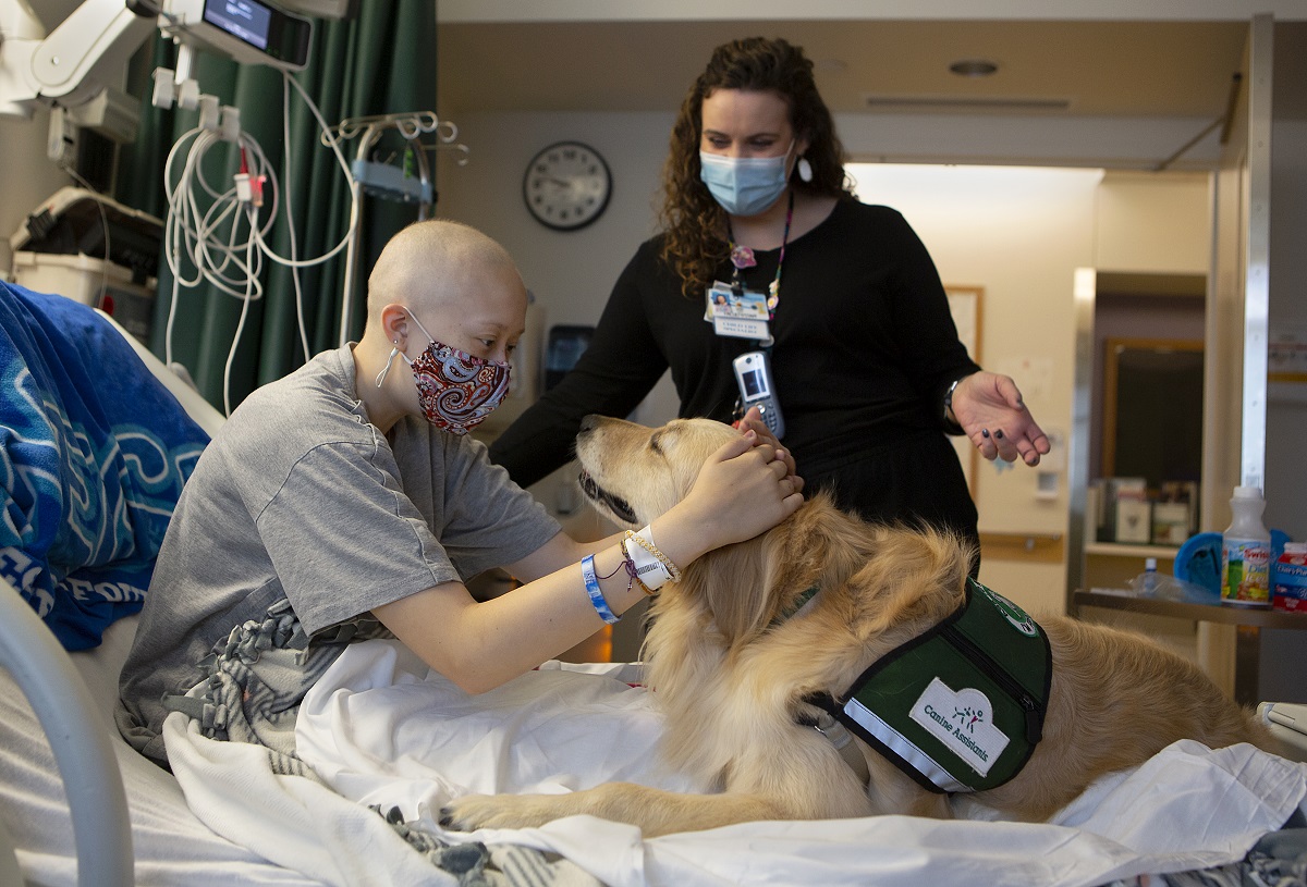 Emma Munger wears a mask and leans forward in a hospital bed to pet Becky, a golden retriever, who stares into Munger’s eyes. Behind them stands a woman in a mask and lanyards.