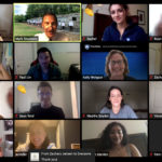 A screenshot from a Zoom webconference shows tiles of 16 people's faces as seen on their video cameras.