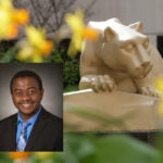 A professional headshot of Dr. Paddy Ssentongo, superimposed over a photo of a Nittany Lion statue. The statue is surrounded by flowers, slightly out of focus.