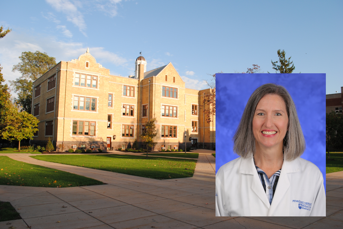 A professional headshot photo of Dr. Levelle Drose-Bigatel superimpsoed over a photo of a Lebanon Valley College building.