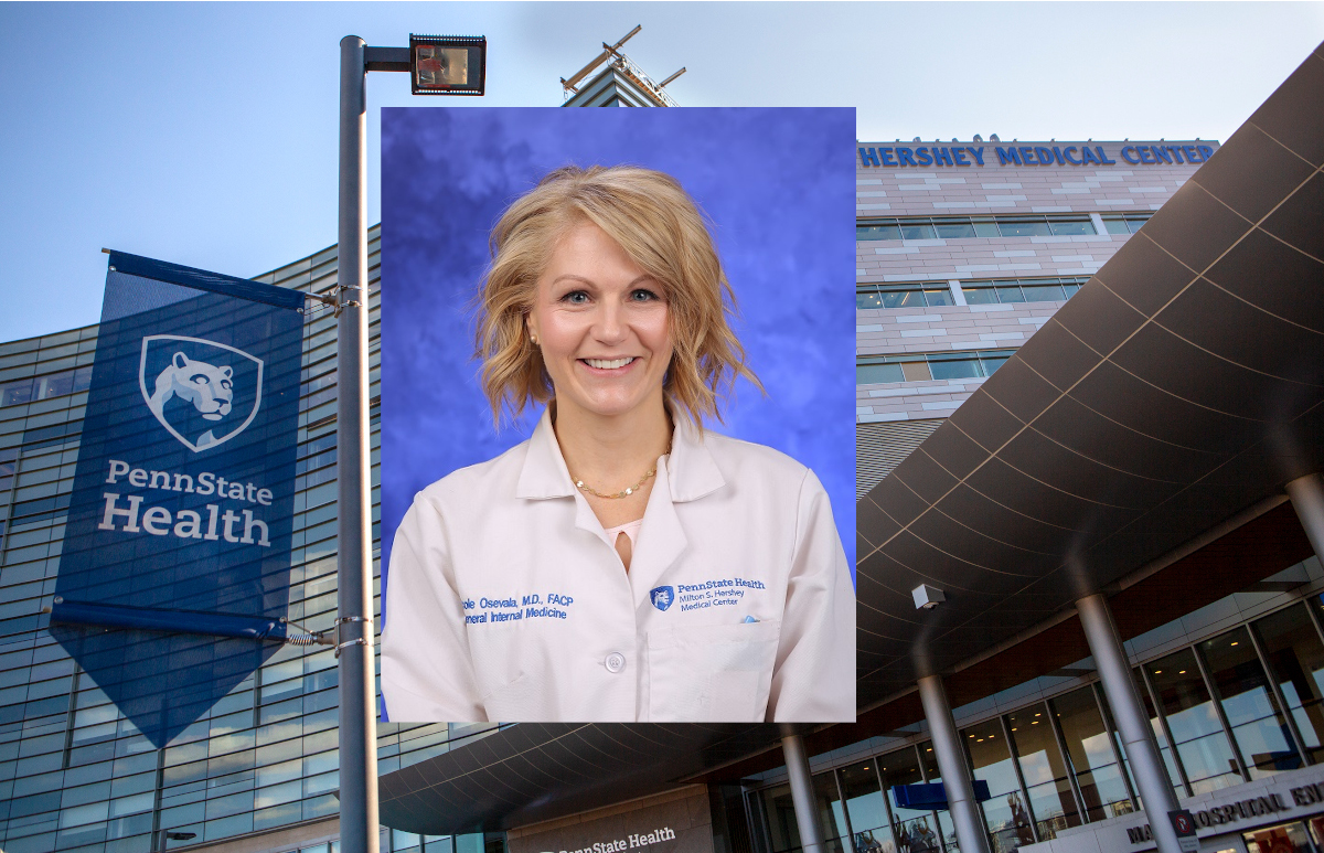 A photo of a woman in a white coat overlays the entrance of a hospital