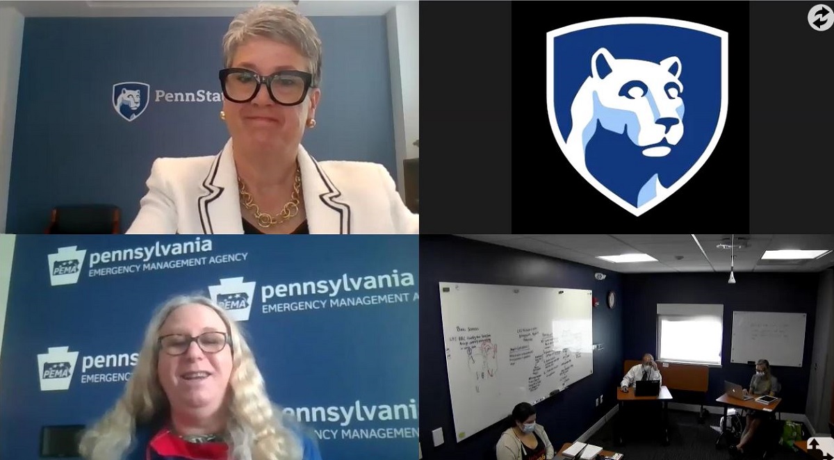 A rectangle is divided into four quadrants. From top left, clockwise are: a woman with short hair and wearing eyeglasses, the Penn State Nittany Lion logo, several people sitting at tables social distancing, and a woman with long hair and wearing glasses.