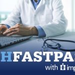 Hands type on a laptop, which is next to a stethoscope. On the image are the words: PSHFASTPASS with Imprivata.