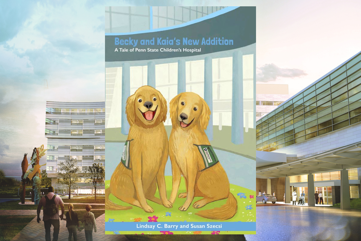 The cover of Becky and Kaia’s New Addition: A Tale of Penn State Health Children's Hospital is superimposed over a photo of the Children's Hospital.