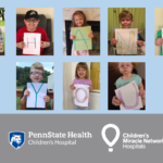 A composite image of eight children, each holding up a letter to spell "THANK YOU." The CMN and Penn State Health Children's Hospital logos are across the bottom.