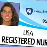 The front of a medical provider’s shirt shows an employee identification badge that includes a photo of the employee, the employee’s first name, and four numbers that represent the last four digits of the employee’s Penn State identification number.