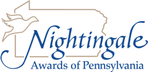 An outline of the state of Pennsylvania with an outline of a Nightingale bird on left and the words Nightingale Awards of Pennsylvania. 