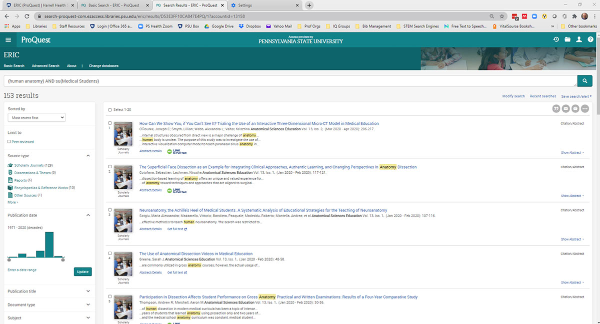 A screenshot shows the ProQuest website searching the records of the ERIC database. Navigation appears at the top and left, and results appear down the main column.