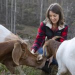 Nicolle Krebs smiles as she feeds three goats outdoors. She is wearing a plaid jacket and has shoulder-length hair. One goat is eating out of a bucket. The other two are waiting for their turns.