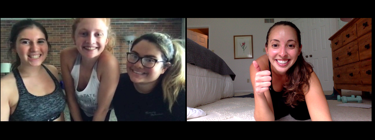 In a split screenshot, Kathryn Carlisle, dressed in a workout clothes and lying on her stomach on a bedroom floor, gives a thumbs up to three nursing students, also wearing workout clothes and smiling in front of a brick wall.