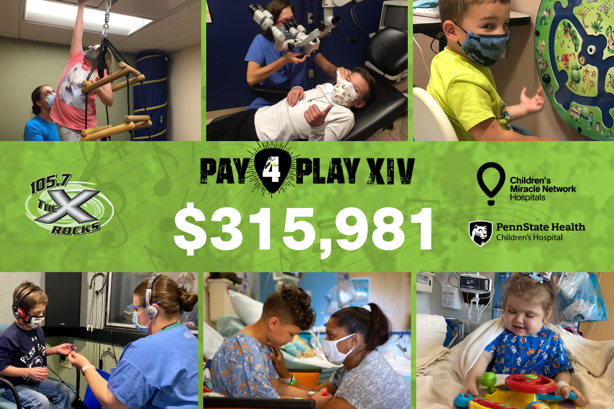 A photo collage of images from around Penn State Health Children's Hospital. In the middle are logos for 105.7 The X, CMN and Penn State Health Children's Hospital, as well as the dollar total: $315,981.