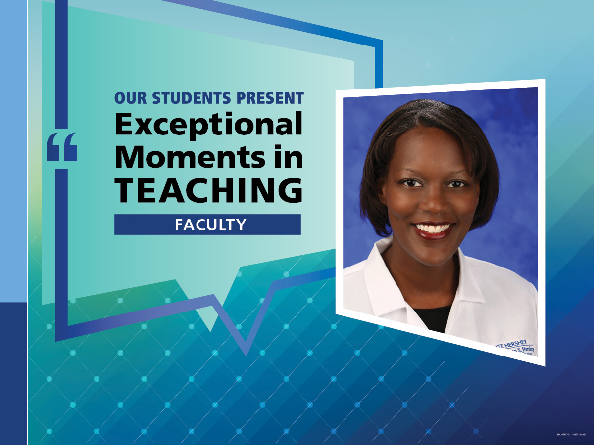 An Illustration shows Dr. Rebecca Phaeton’s mugshot on a background with the words “OUR STUDENTS PRESENT Exceptional Moments in Teaching faculty.”