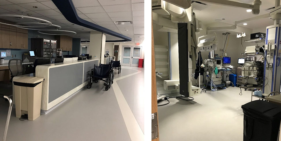 Two photos show an endoscopy unit. The first is of a station for providers and the other shows an endoscopy room. There are no people in the photos.