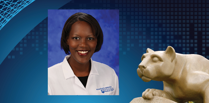 A head and shoulders professional photo of Dr. Rebecca Phaeton, a black woman, is superimposed on the lion.