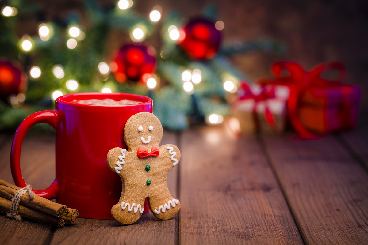 A gingerbread man leans against a mug containing a hot liquid. Behind them holiday decorations are seen out of focus.