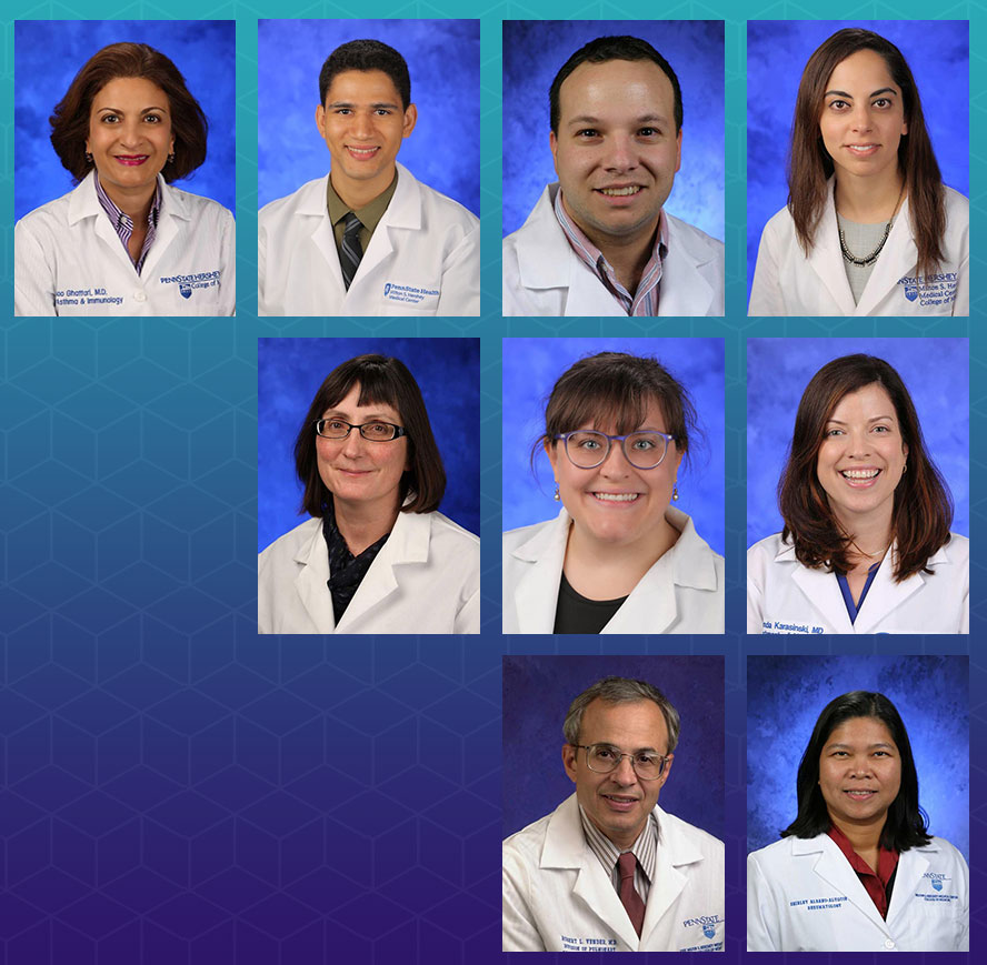 A collage of nine head-and-shoulders professional photos of Department of Medicine providers on an abstract background.