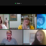 A screenshot from a Zoom webinar shows the faces of five people - four women and one nonbinary person - from their video.