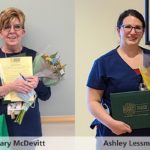 Two images show Mary McDevitt and Ashley Lessman, each holding flowers. McDevitt holds paperwork and a tote bag. Lessman holds a plaque.