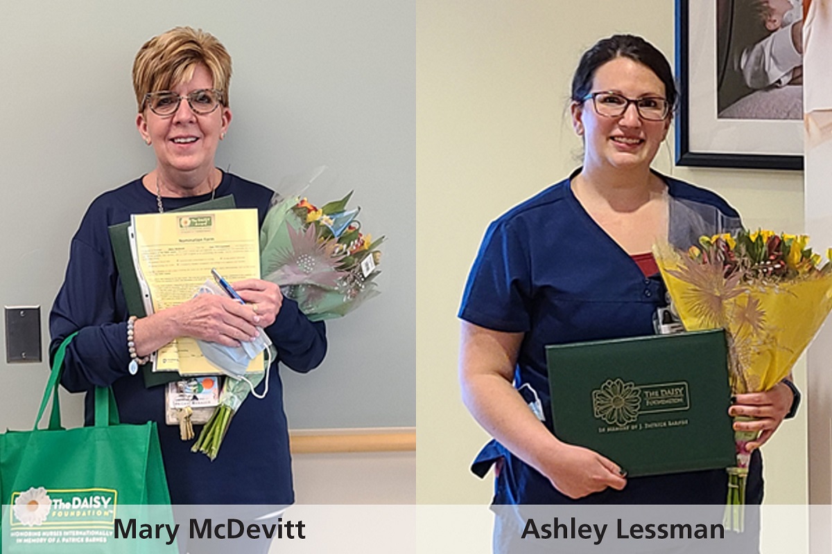 Two images show Mary McDevitt and Ashley Lessman, each holding flowers. McDevitt holds paperwork and a tote bag. Lessman holds a plaque.