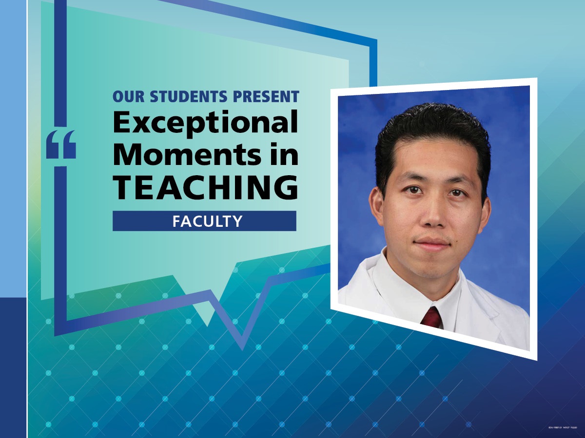 An Illustration shows Dr. Jerome Lyn-Sue’s mugshot on a background with the words “OUR STUDENTS PRESENT Exceptional Moments in Teaching faculty.”