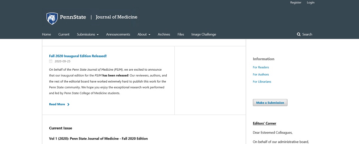 Image shows a screen shot of the Penn State Journal of Medicine.