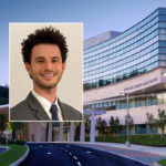 A head and shoulders professional portrait of Brett Gordon against an image of Penn State Cancer Institute