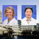 Head and shoulders professional portraits of Dr. Kristina Newport and Dr. Chan Shen against an image of Penn State College of Medicine.