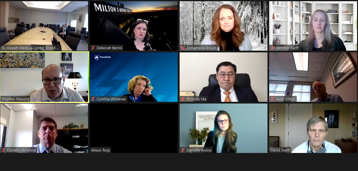 A screen shot of an online conversation is shown, featuring 12 people in individual windows.