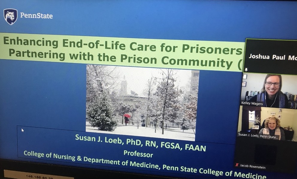 A screenshot from a Zoom course shows a slide introducing Dr. Susan Loeb and the Enhancing End-of-Life Care for Prisoners lesson of the Communicating Care course offered at Penn State Scranton.