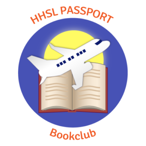 The logo for Harrell Health Sciences Library's Passport Book Club includes the group's name surrounding an image of a book with an airplane flying over it and a sun behind it.