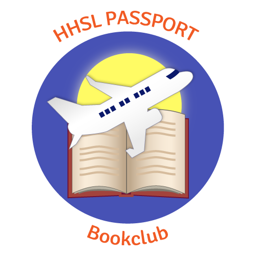 The logo for Harrell Health Sciences Library's Passport Book Club includes the group's name surrounding an image of a book with an airplane flying over it and a sun behind it.