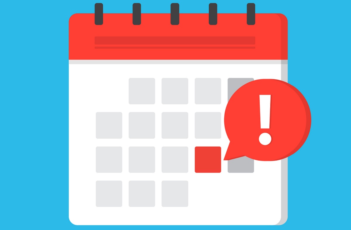 An illustration of a calendar shows an exclamation point on a specific day.