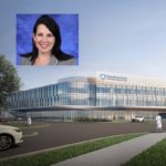A portrait of Aimee Hagerty is superimposed over a rendering of the Hampden Medical Center.