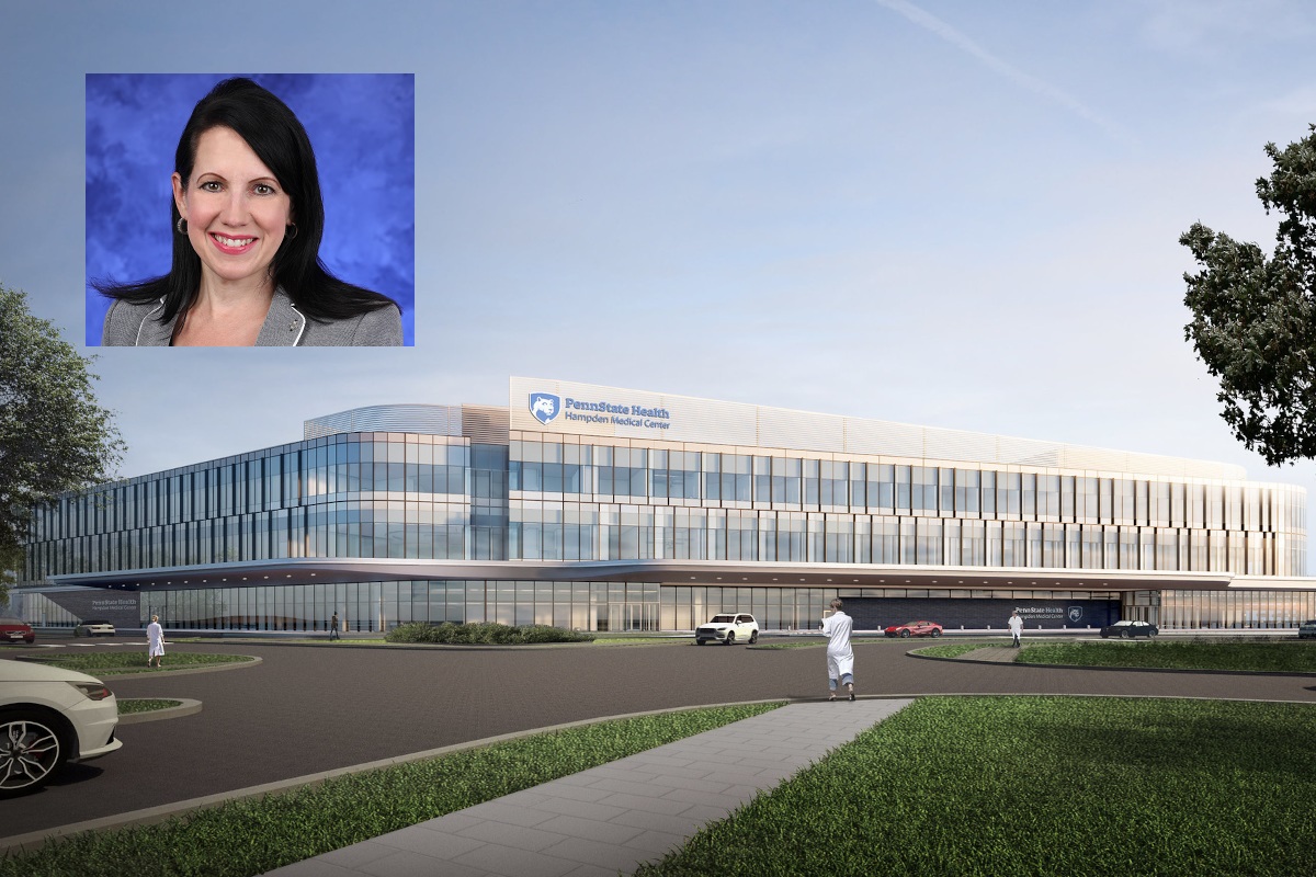 A portrait of Aimee Hagerty is superimposed over a rendering of the Hampden Medical Center.