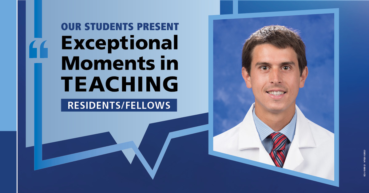 Image shows a portrait of Dr. Peter Malamas next to the words “Our students present Exceptional Moments in Teaching Residents/Fellows.”