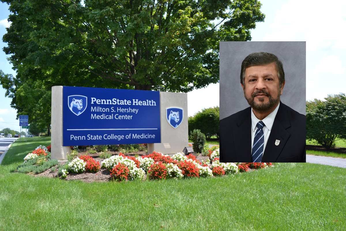A head shot of a man smiling overlays a photo of the entrance of a College of Medicine campus