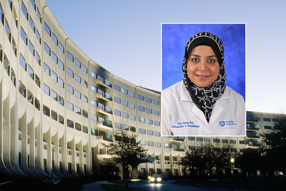 A headshot of a woman smiling overlays on a photo of a college