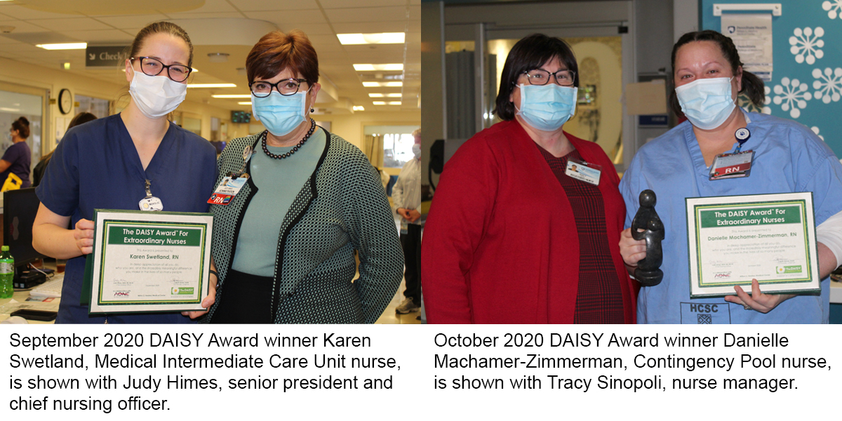 Two images show four people wearing face masks. In the first image a woman on the left holds a plaque. In the second, a woman on the right holds a plaque and a statue.
