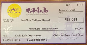 An oversized check from Spirit of Children to Penn State Health Children's hospital, made in the amount of $98,061.