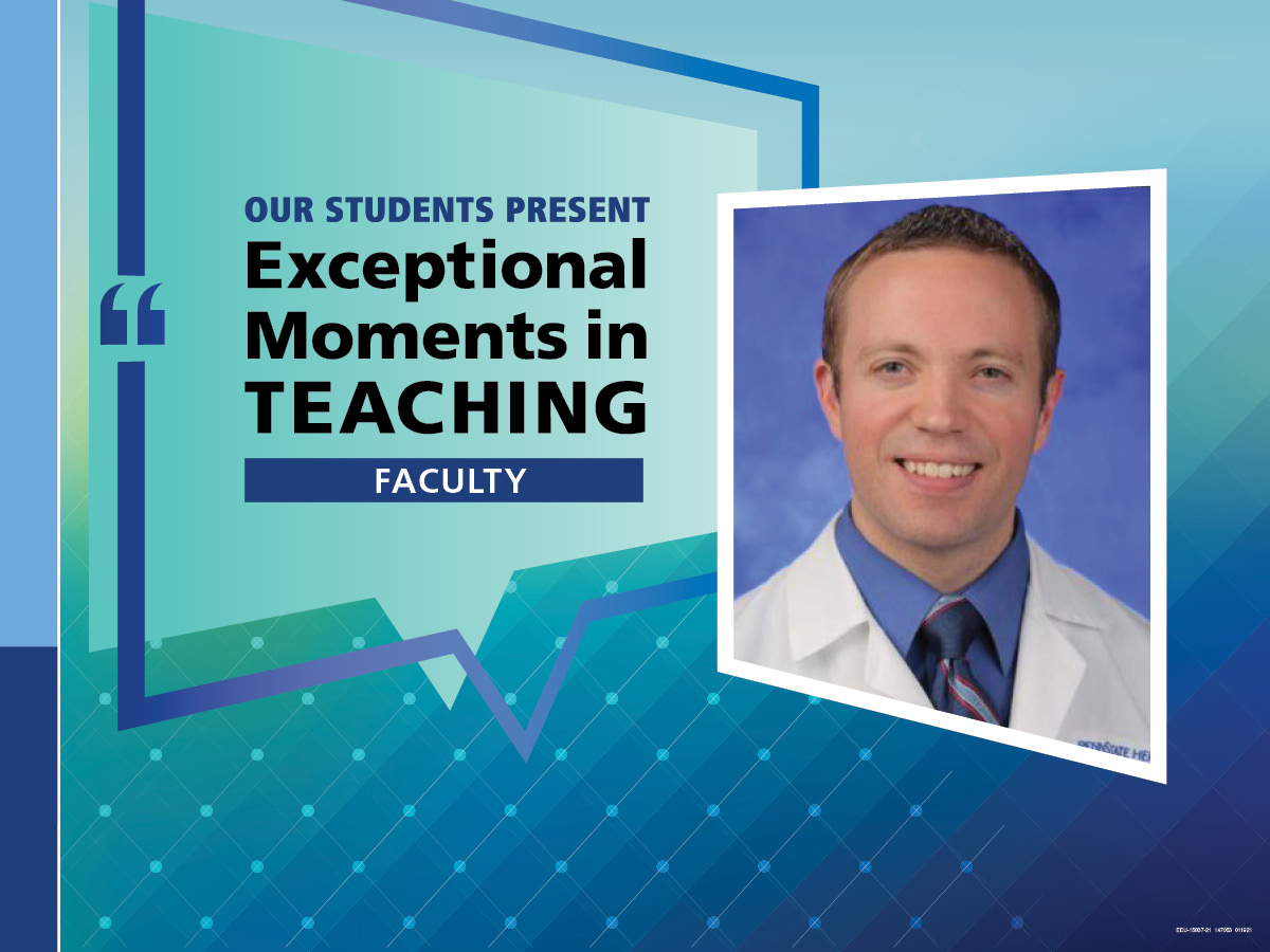 An Illustration shows Dr. Brandon Peterson’s mugshot on a background with the words “OUR STUDENTS PRESENT Exceptional Moments in Teaching faculty.”