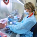 A woman in personal protective equipment works under a protective clear plastic shield on samples.