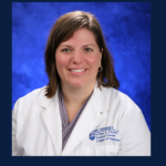 A head-and-shoulders professional photo of family practice physician Dr. Megan Mendez Miller is seen with the logo for Penn State Clinical and Translational Science Institute's 5 Questions series.