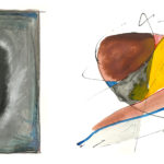 Four examples of abstract paintings by Dr. Noel H. Ballentine include black lines that flow among the colors.