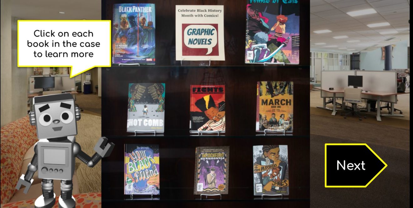 A digital book display image shows nine book covers and a robot telling users to click on each book for more.