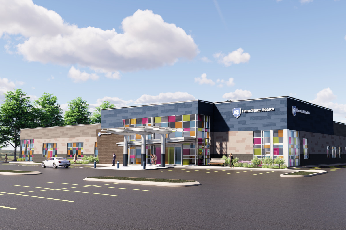 An artist’s rendering of Lancaster Pediatric Center, a one-story medical clinic building, with a parking lot in the foreground.